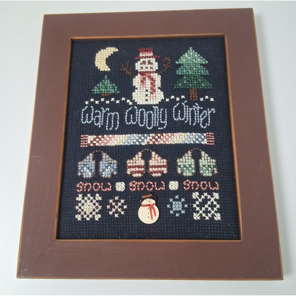 Vintage Cross-Stitch‎ Christmas Snow Man Winter Handmade Framed Holiday Decor